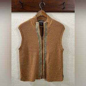 Vintage Women’s Tan Knit Vest with Embroidered Trim